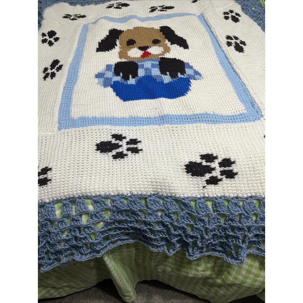 Crochet Afghan Baby Puppy Dog Handmade Blanket Paws Blue White Brown  50x60
